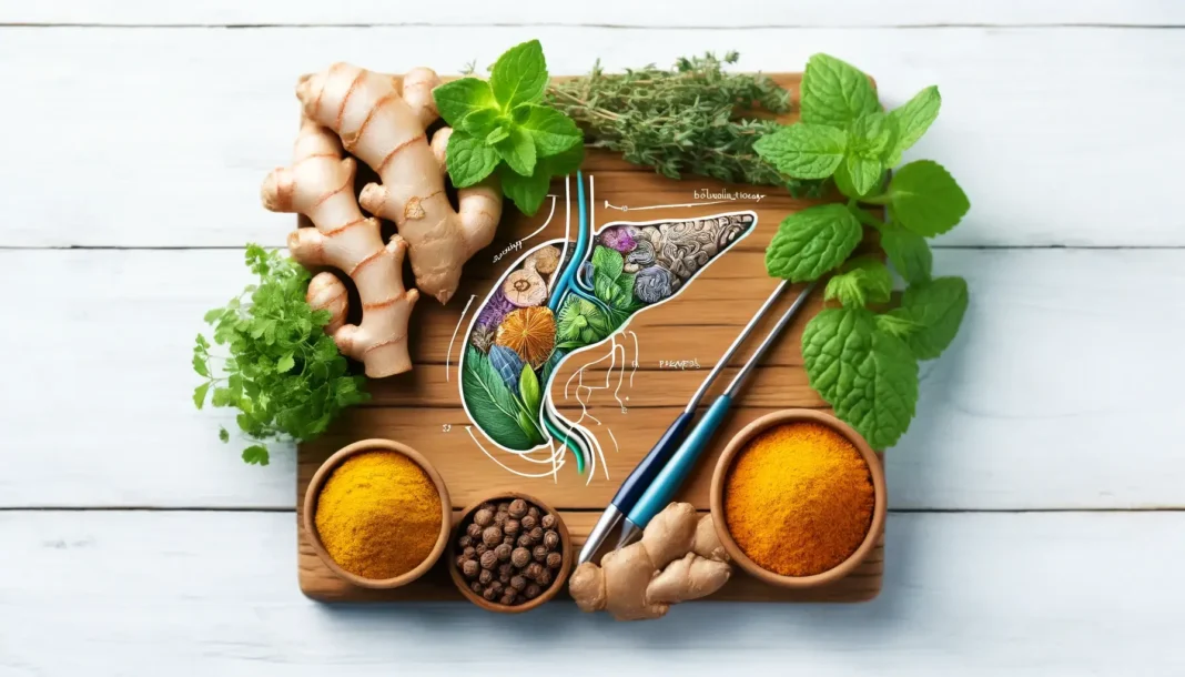 Vaistažolės, tokios kaip ciberžolė, imbieras, pipirmėtė ir čiobreliai, naudojamos kasos uždegimui gydyti, ant medinės lentelės.