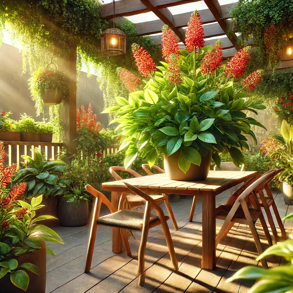 Branto augalas terasoje, apsuptas kitų augalų