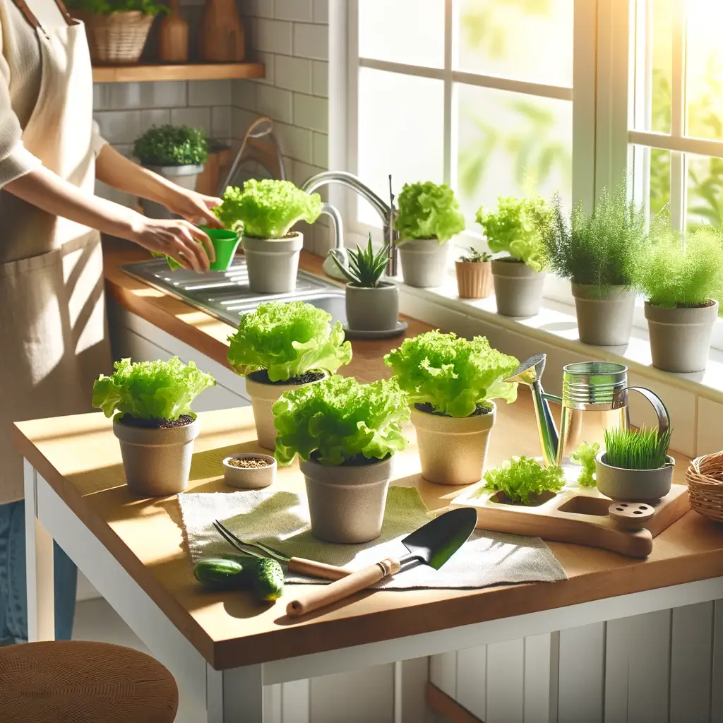 Salotų auginimas namuose salotos ant palangės Salotų auginimas namuose – žmogus prižiūri salotas ant palangės