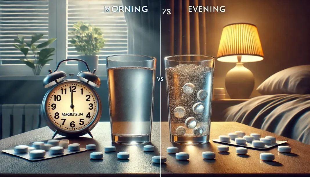 Kada gerti magnį: ryte ar vakare? Stiklinės vandens ir magnio tabletės prie ryto ir vakaro atributų.