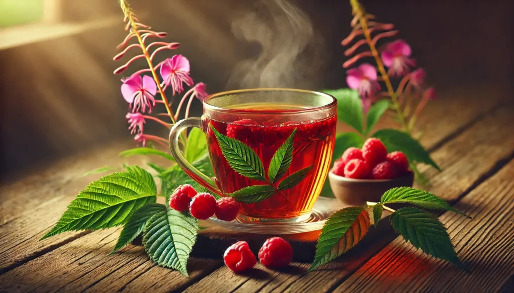 Gauromečio ir aviečių arbata puodelyje su šviežiomis avietėmis.