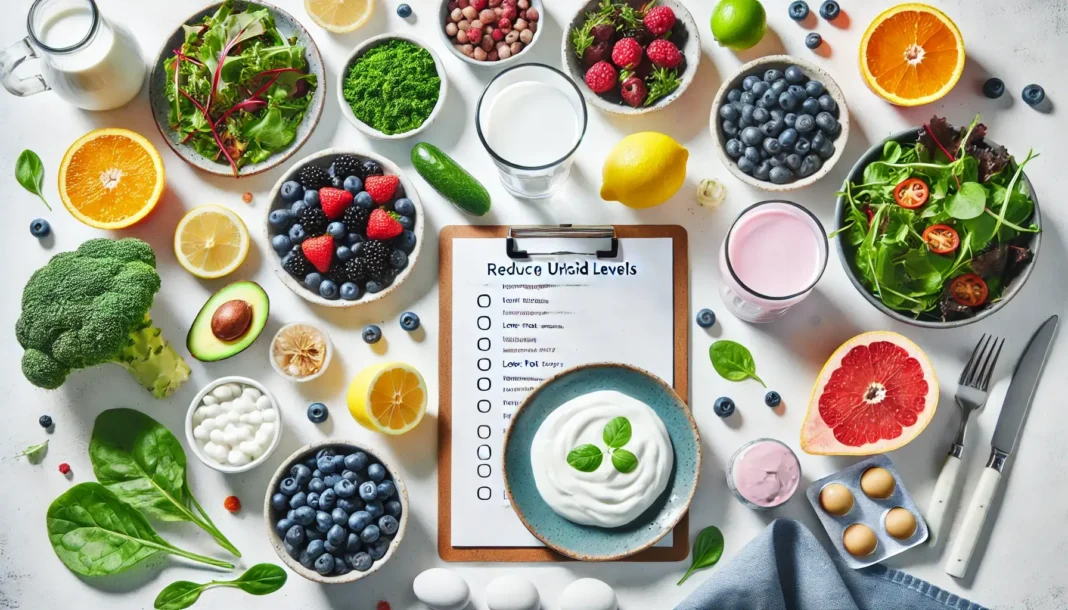 Kaip sumažinti šlapimo rūgštį su sveiku maistu, įskaitant žalumynus, uogas ir citrusinius vaisius.