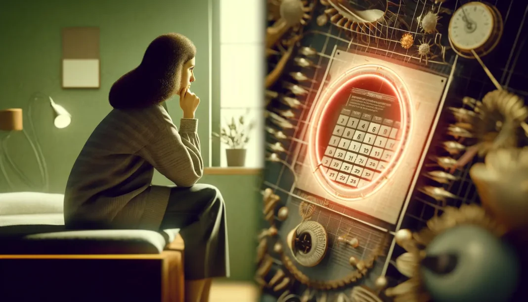 Moteris žiūri į kalendorių, susirūpinusi kodėl vėluojaa mėnesinės.