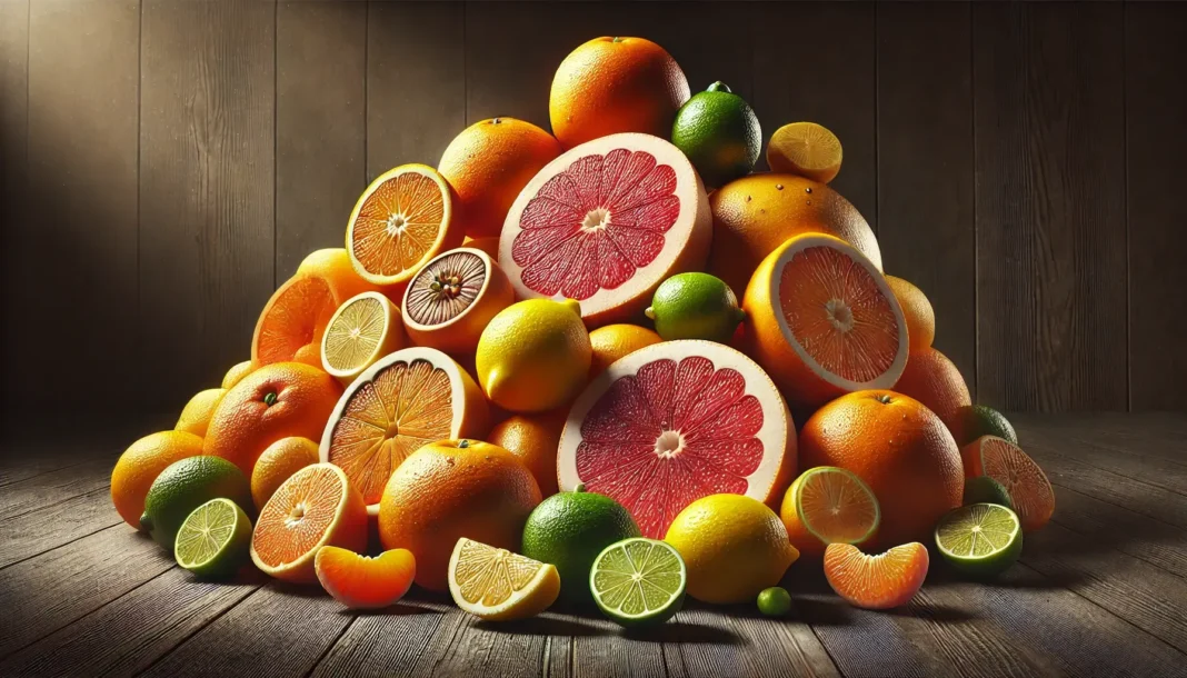 Citrusiniai vaisiai, įskaitant apelsinus, citrinas, greipfrutus, mandarinus ir laimus, perpjauti, kad matytųsi sultingi viduriai.