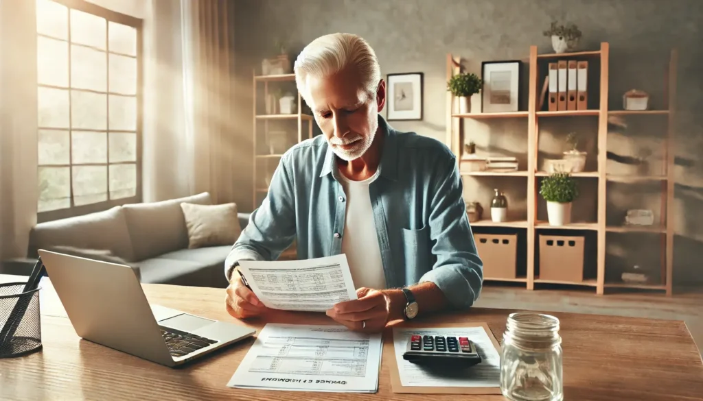 Vyresnio amžiaus žmogus peržiūri finansinius dokumentus prie stalo, planuodamas finansinį saugumą.
