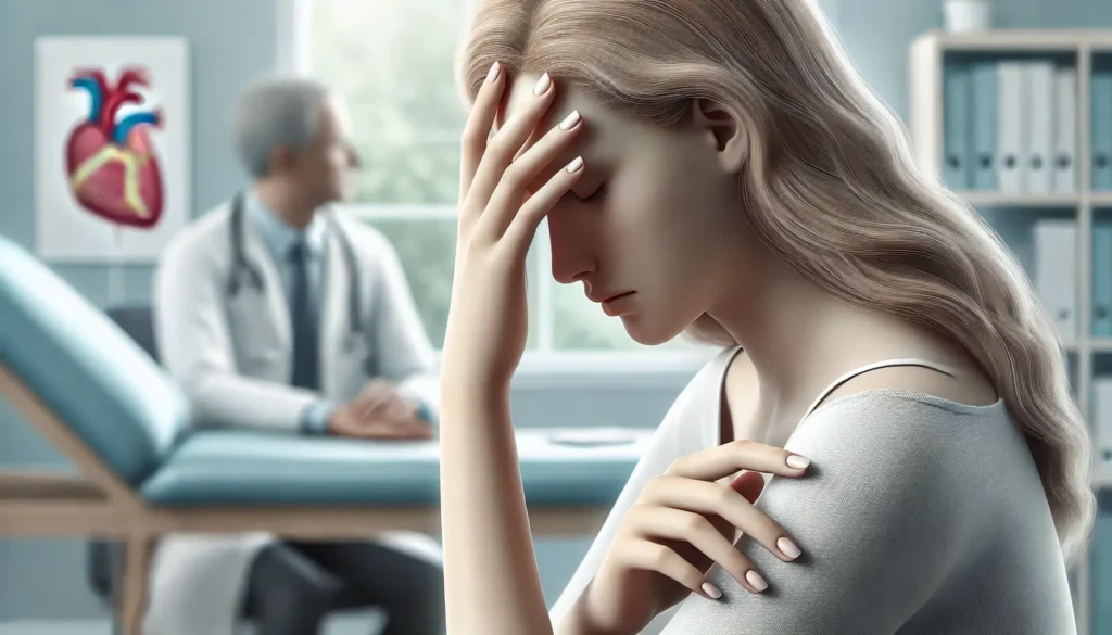 Asmuo su nuovargio, galvos skausmo ir blyškios odos simptomais, rodančiais geležies trūkumą.