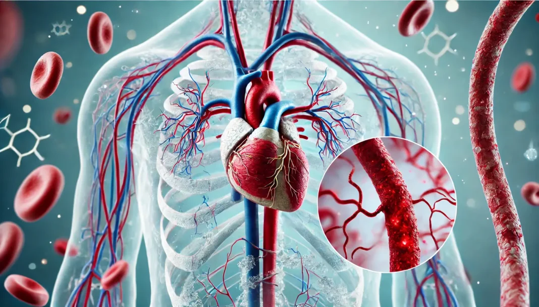 Kraujotakos sutrikimai vaizduojami per žmogaus kraujotakos sistemą su susiaurėjusiomis arterijomis.