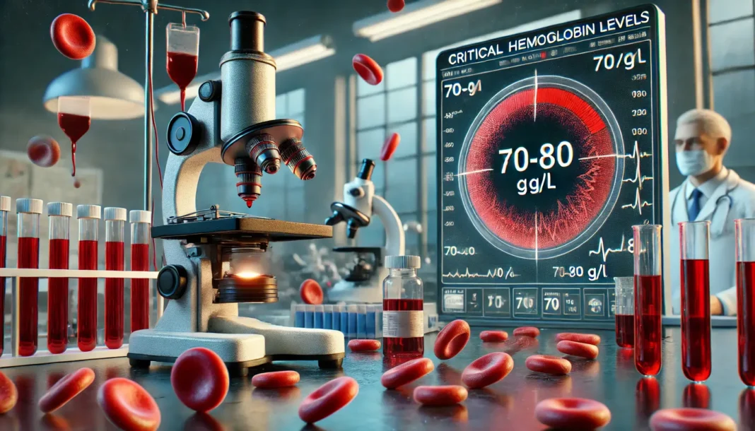 Kritinė hemoglobino riba: kraujo mėginys su pavojingai žemu hemoglobino lygiu medicinos laboratorijoje.