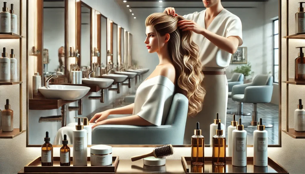 Profesionali plaukų stiprinimo procedūra atliekama moteriai moderniame salone.