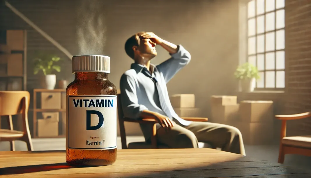 Vitamino D trūkumas ir prakaitavimas – žmogus su prakaitu ant kaktos, šalia buteliukas 'Vitamin D'.