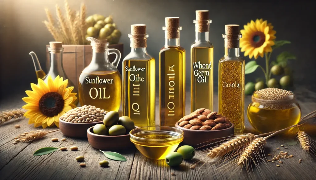 Augaliniai aliejai: saulėgrąžų, alyvuogių, migdolų, kviečių gemalų ir rapsų aliejai.