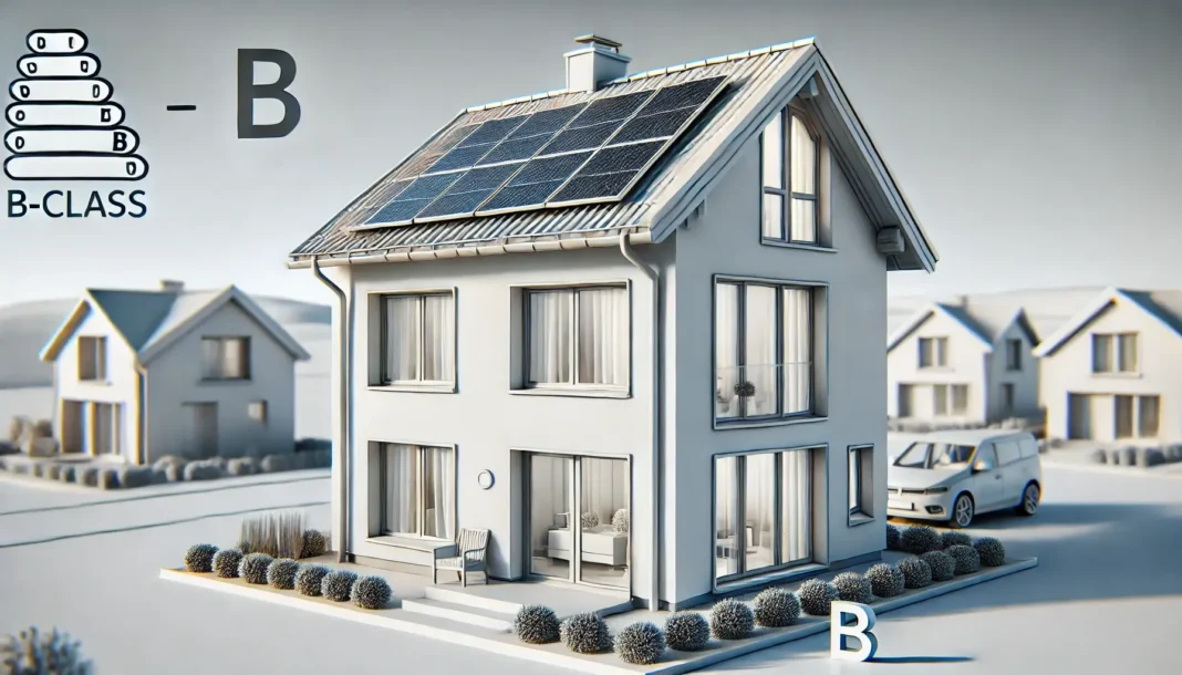 „B klasės namo reikalavimai, vaizduojant energijos taupymo elementus, tokius kaip izoliacija ir dvigubi langai.