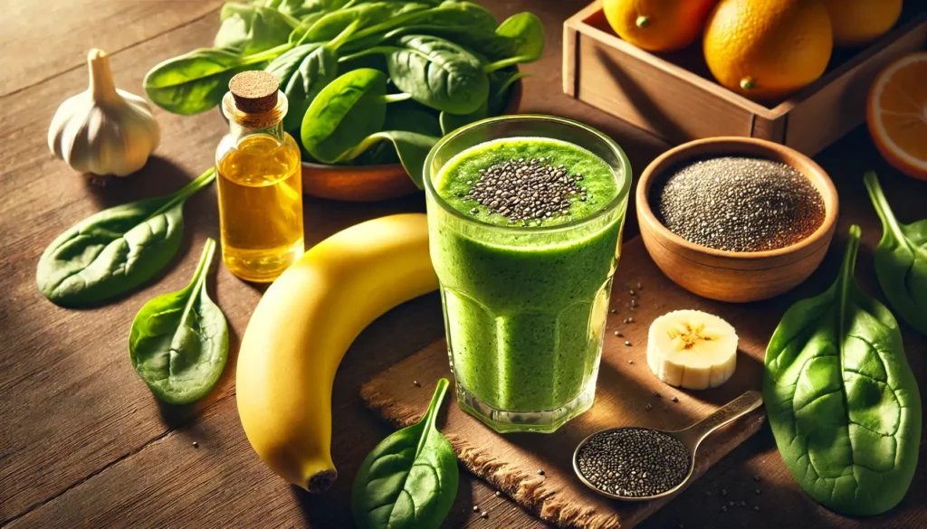 Energijos kokteilis su žolelėmis, špinatais, bananais, chia sėklomis ir meškinio česnako tinktūra
