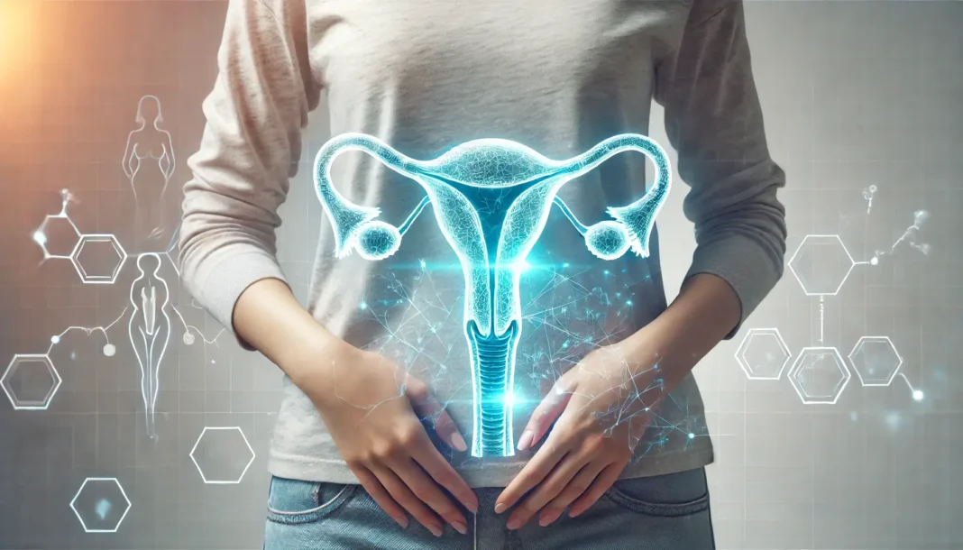 Gimdos abrazija holografinėje iliustracijoje virš moters pilvo.