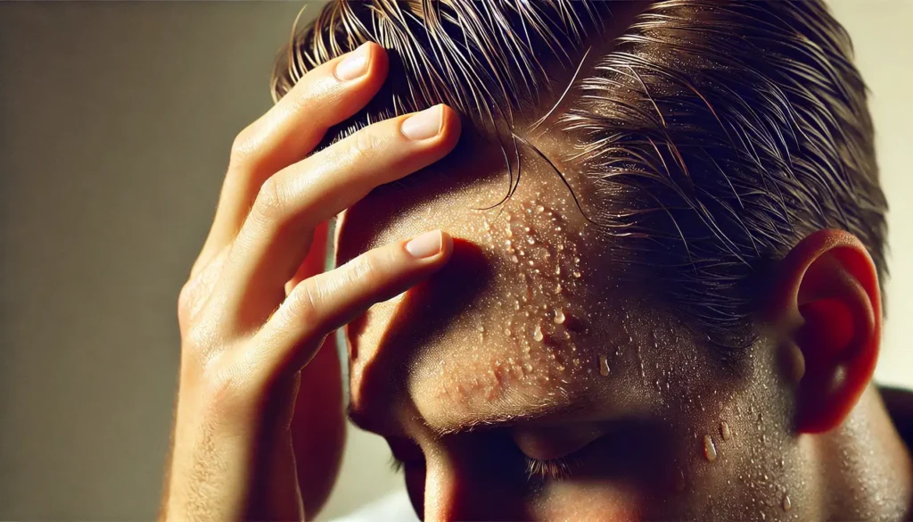 Kodėl labai prakaituoja galva - prakaitas ant žmogaus kaktos su ranka ant kaktos