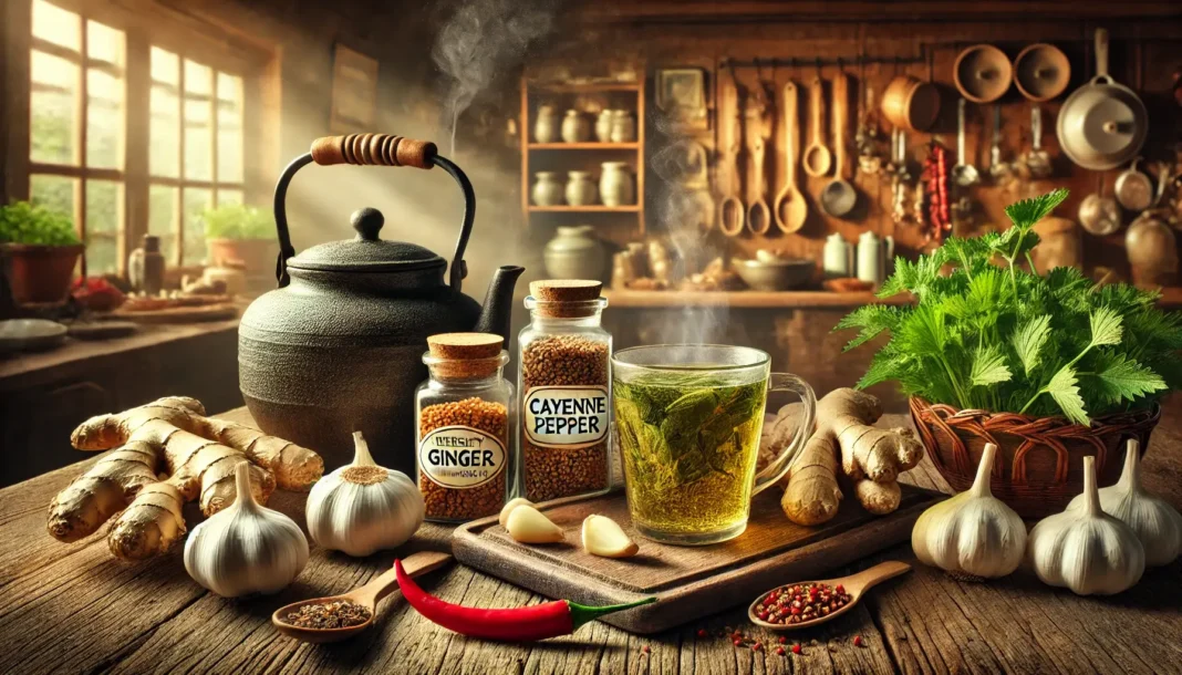 Liaudiški patarimai kraujotakai gerinti su imbieru, česnakais, kajeno pipirais ir vaistažolių arbata.
