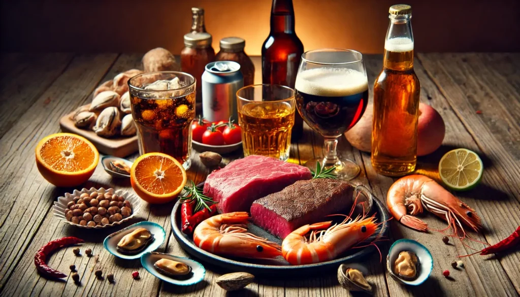 Maistas, kurio reikėtų vengti sergant podagra, įskaitant raudoną mėsą, jūros gėrybes, alų, stipriuosius gėrimus ir gazuotus gėrimus.