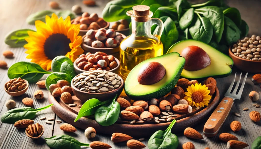 Vitaminas E maiste: migdolai, saulėgrąžų sėklos, avokadas, špinatai, lazdyno riešutai ir alyvuogių aliejus.