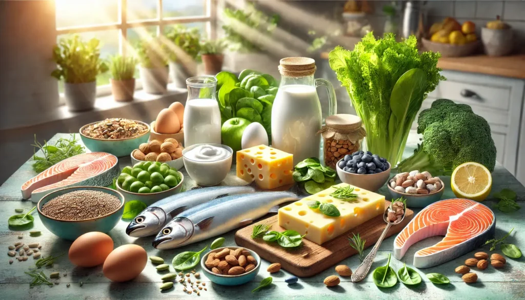 Mitybos rekomendacijos osteoporozei gydyti: pieno produktai, žalialapės daržovės, sardinės, riešutai ir sėklos."