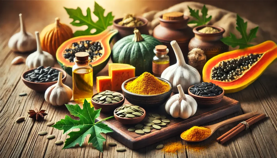 Natūralūs vaistai nuo kirminų ant stalo Vaistai nuo kirminų, iš natūralių ingredientų kaip česnakas, moliūgų sėklos, ciberžolė, pelynas, papajų sėklos ir raudonėlio aliejus, išdėstyti ant medinio stalo.