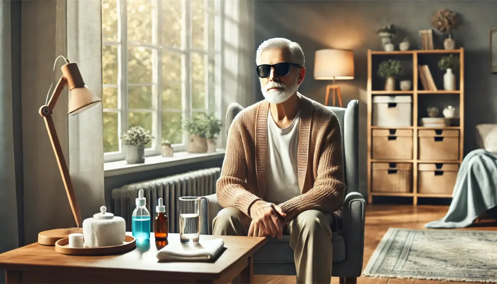 Patarimai kaip elgtis po kataraktos operacijos - senyvas žmogus su akiniais nuo saulės, sėdintis prie lango su akių lašais ant stalo.