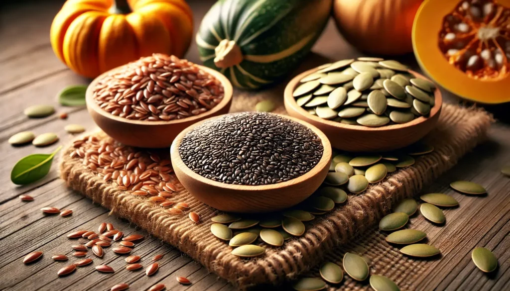 Chia sėklos, linų sėmenys ir moliūgų sėklos.