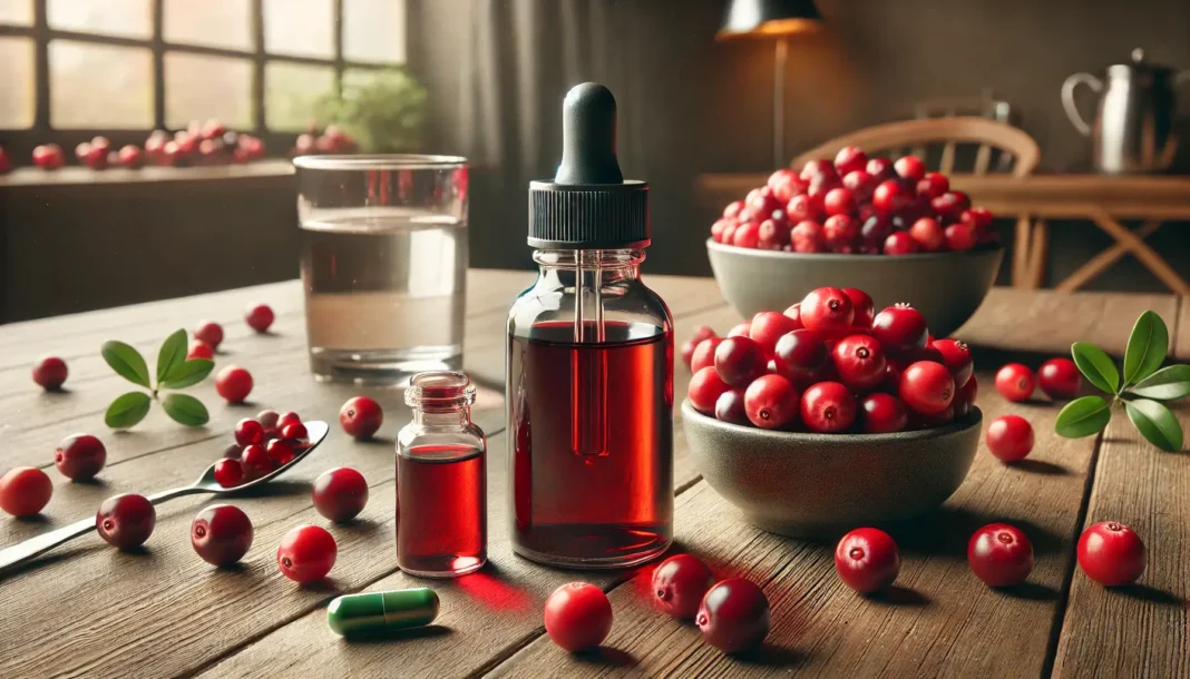 Spanguolių ekstraktas skystu ir kapsulių pavidalu šalia šviežių spanguolių ant stalo.