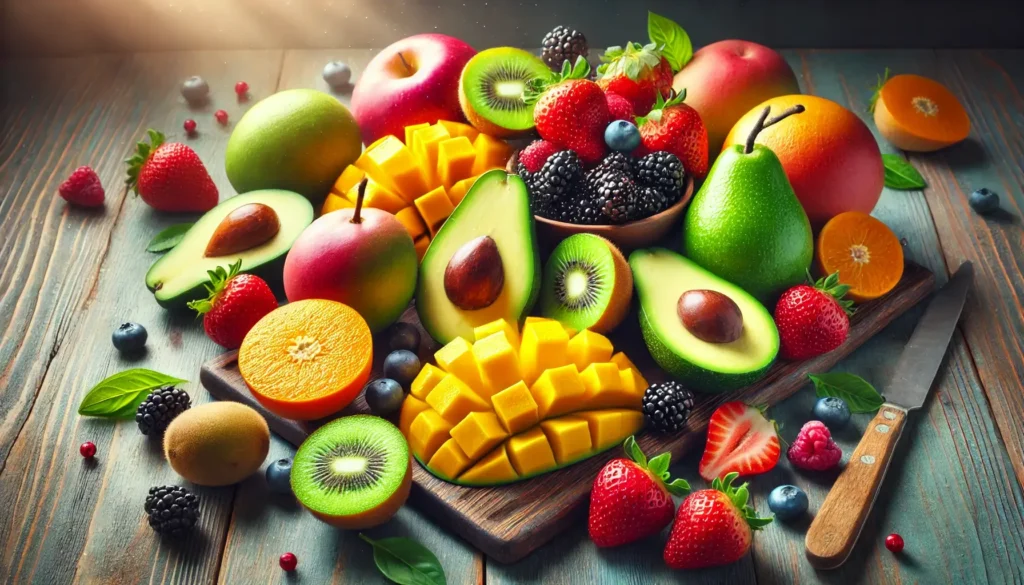 Avokadai, mangai, kiviai, gervuogės ir braškės.