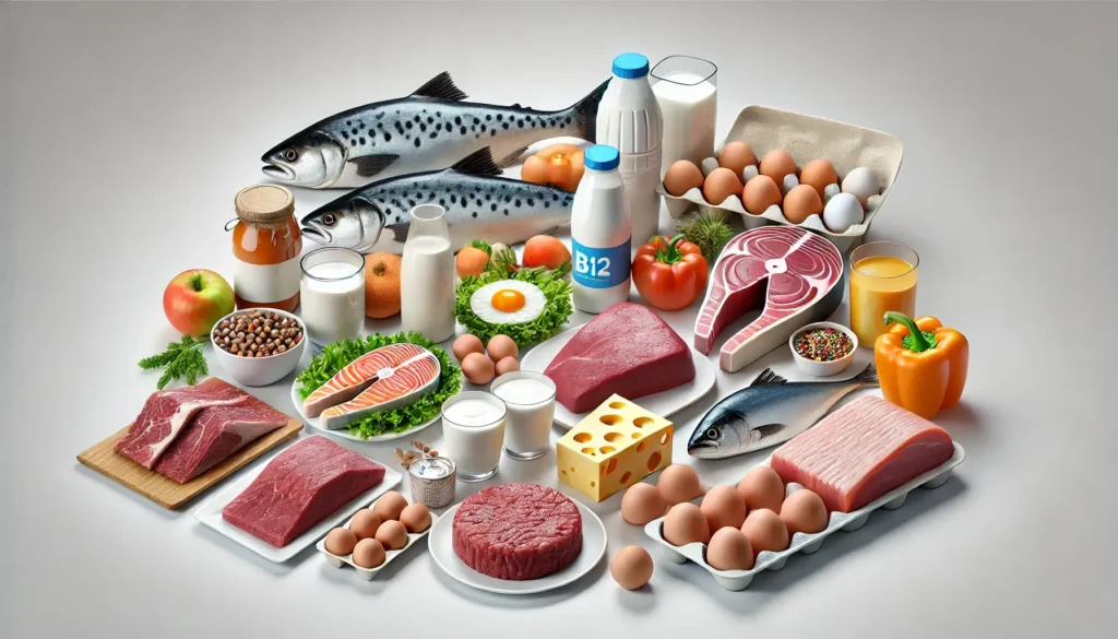 Maisto produktai, turtingi vitaminu B12: jautiena, kiauliena, kepenys, žuvis, pieno produktai ir kiaušiniai.