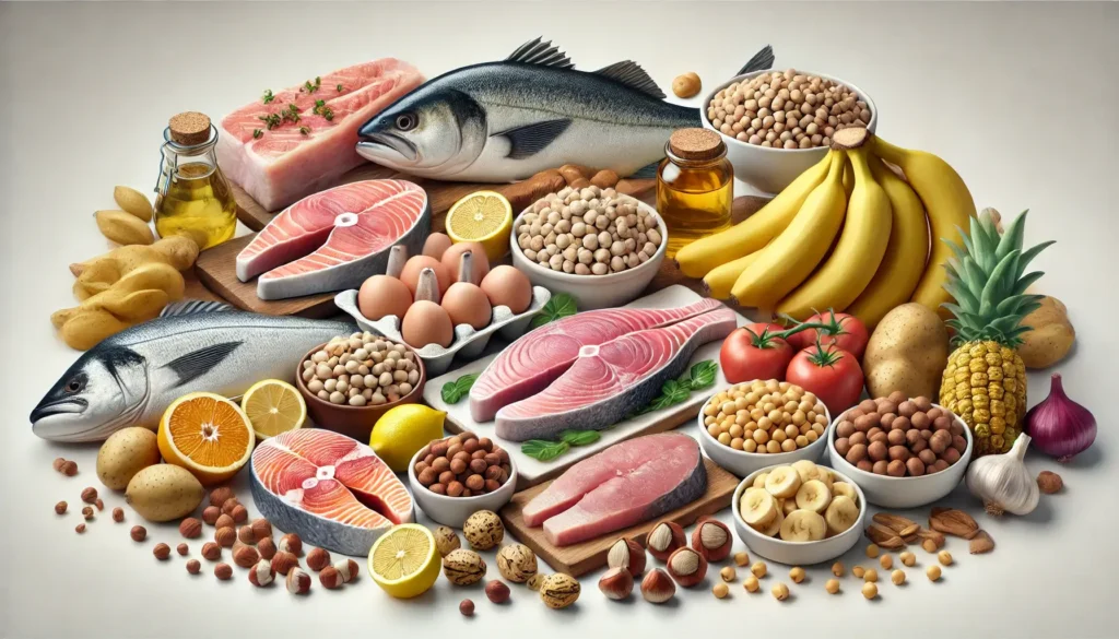 Maisto produktai, turtingi vitaminu B6: žuvis, vištiena, kiauliena, bulvės, bananai, avinžirniai ir riešutai.