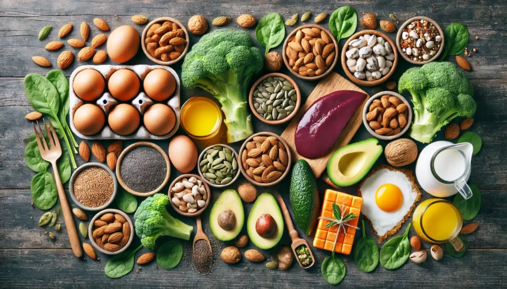 Maisto produktai, turtingi vitaminu B7: kiaušiniai, kepenėlės, migdolai, graikiniai riešutai, saulėgrąžų sėklos, avokadai, špinatai, brokoliai ir saldžiosios bulvės.
