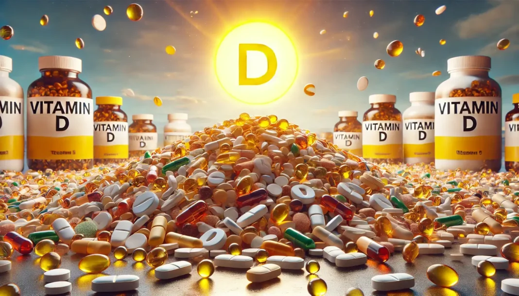 Vitamino D perteklius vaizduojamas per išbertas vitamino D tabletes ir buteliukus su ryškia saule fone.