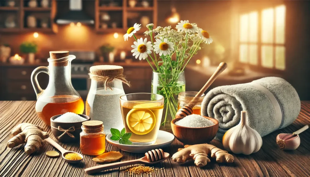 Natūralios priemonės anginai gydyti namuose ant jaukaus stalo.