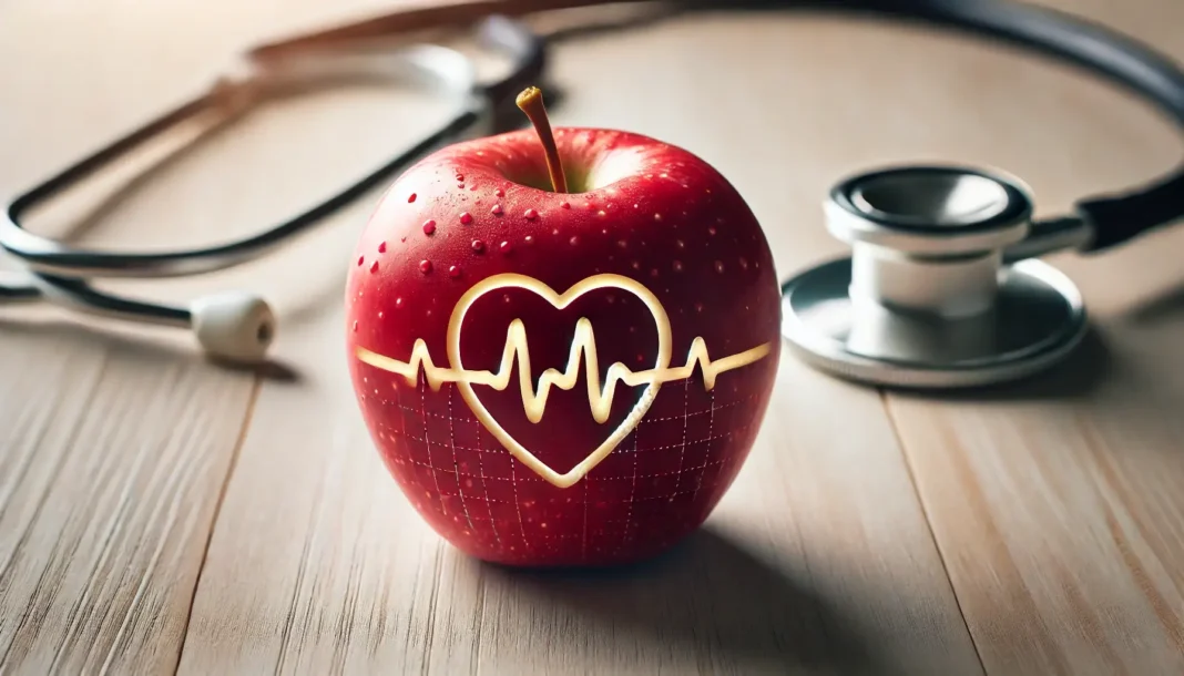 Cholesterolio norma pagal amžių – širdies sveikatos simbolis obuolio pavidalu su EKG linija ir stetoskopu