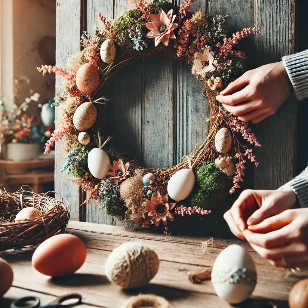 Durų vainikas su džiovintais žiedais, samanomis ir mediniais kiaušiniais, šalia šeimos rankos kuria dekoracijas.