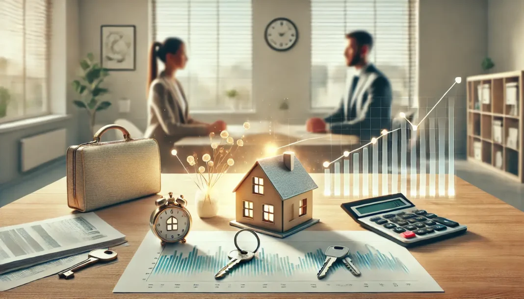 kas yra hipoteka – jauna pora ir finansų patarėjas šiuolaikiniame biure su simboliniais daiktais ant stalo.