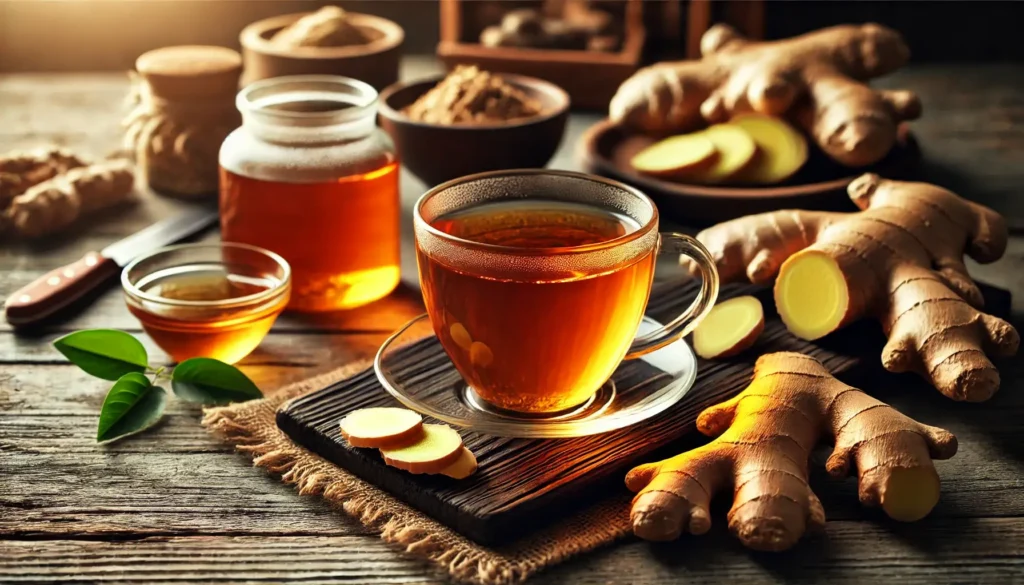 Imbierų arbata su šviežiu imbieru ir skaidriu gintariniu atspalviu