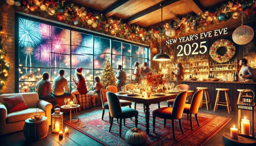 Naujieji metai 2025 - jaukus vakarėlis su draugais, fejerverkai už lango.