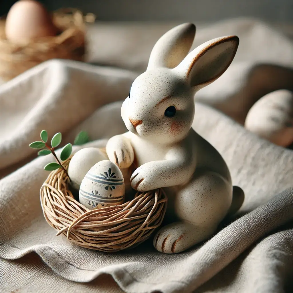 Velykos 2025 – keramikinis kiškutis ant lino staltiesės su lizdu ir dekoratyviais margučiais.