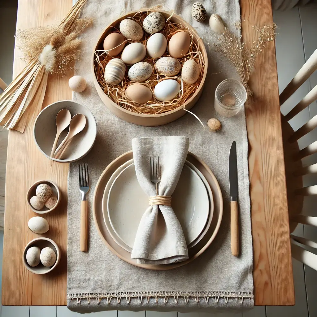 Minimalistinis stalas su lino takeliu, mediniais indais ir krepšeliu natūraliai margintų margučių.