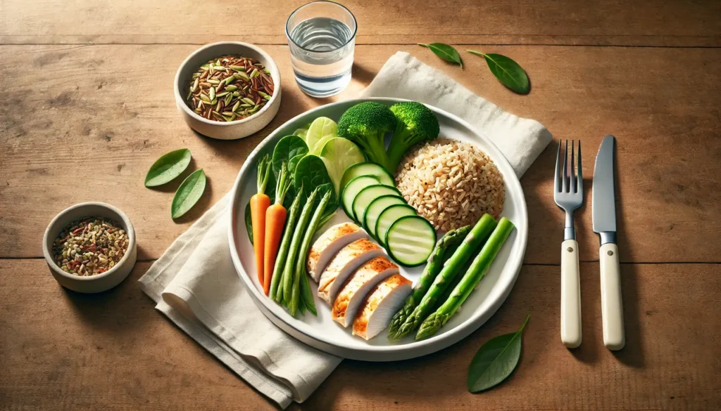 Mityba po tulžies operacijos – sveikas patiekalas su garintomis daržovėmis, liesa mėsa ir rudaisiais ryžiais.