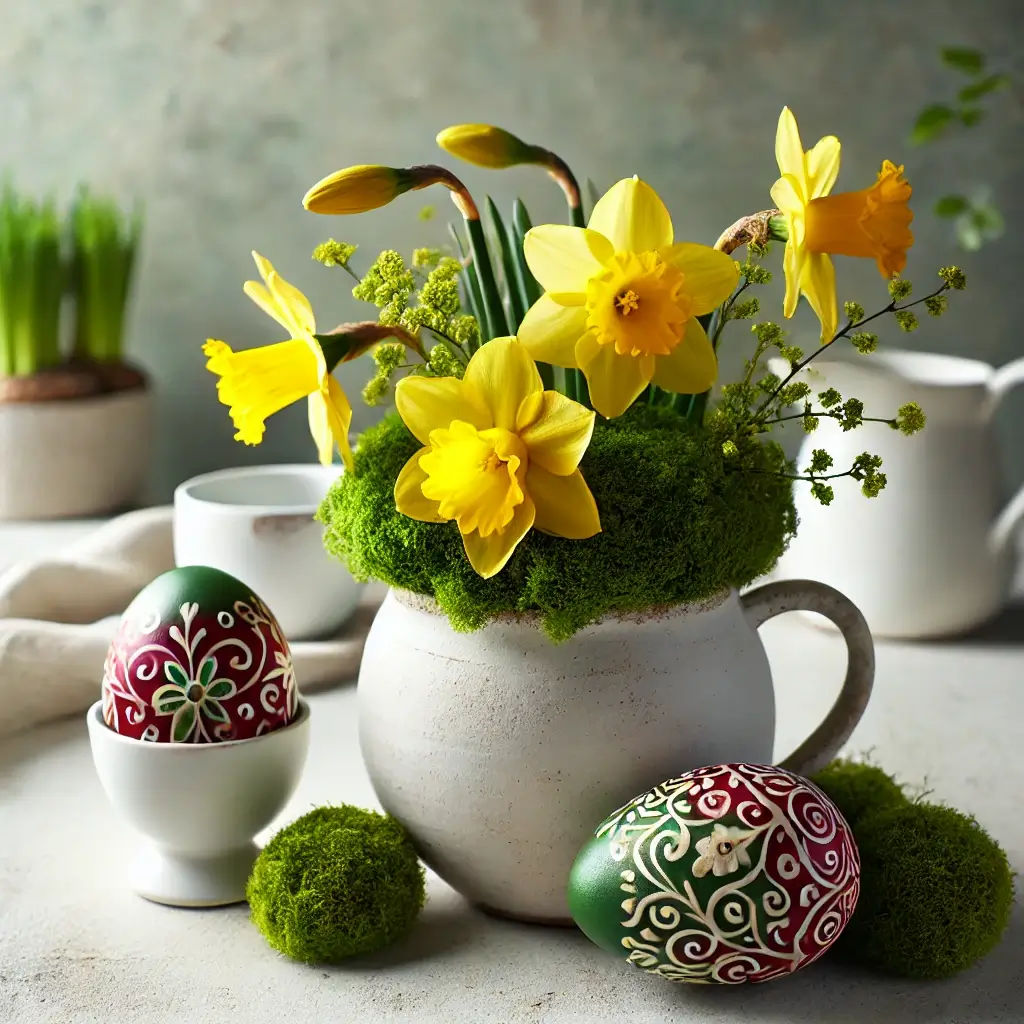 Baltame vazone geltonų narcizų puokštė su samanomis ir margučiais.