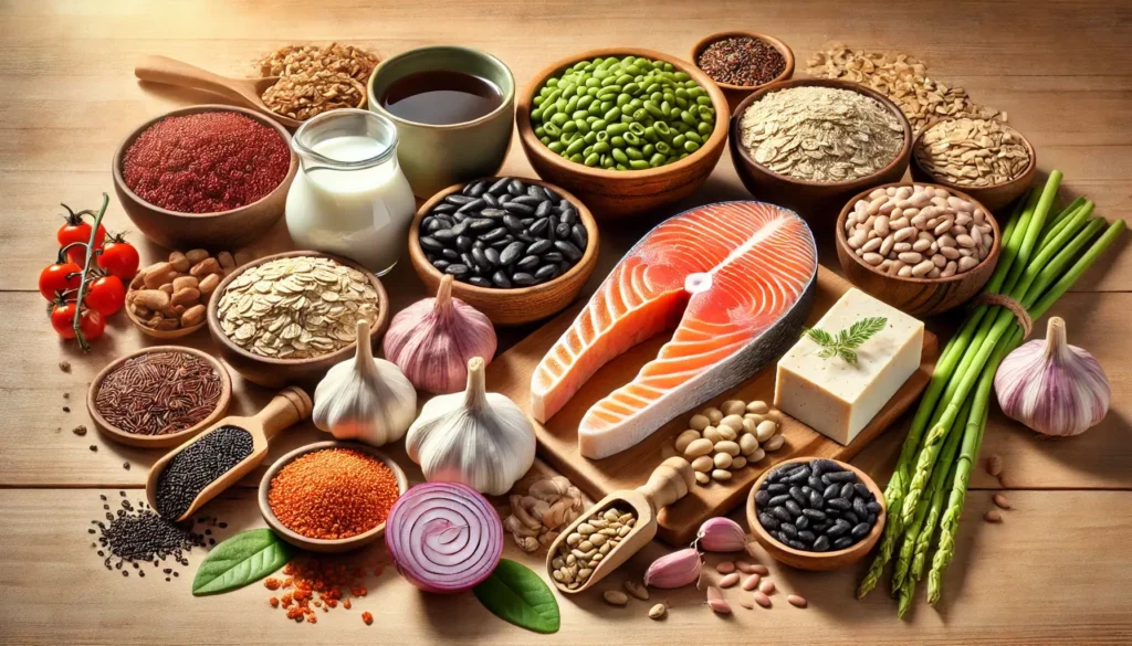 Įvairūs natūralūs statinų šaltiniai ant medinio paviršiaus – raudonųjų ryžių mielės, lašiša, česnakai, avižos, ankštinės daržovės, tofu, sojų pienas, linų sėmenys, žalioji arbata.