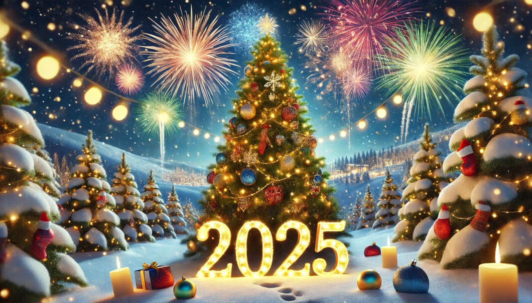 Naujieji metai 2025 su eglute, fejerverkais ir žiemos vaizdais.