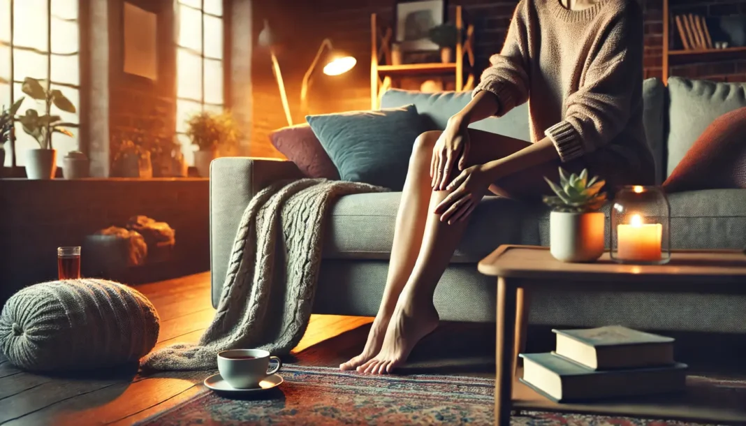 Neramių kojų sindromas – žmogus jaukioje svetainėje masažuoja kojas, siekdamas sumažinti diskomfortą.