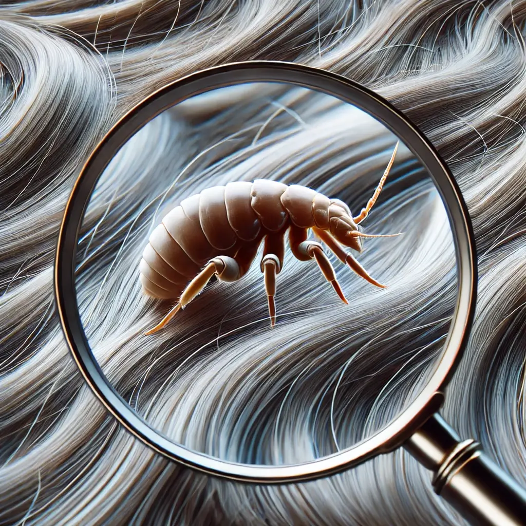 Utėlė padidinta per didinamąjį stiklą ant žmogaus plaukų, aiškiai matomos utėlės anatominės detalės.