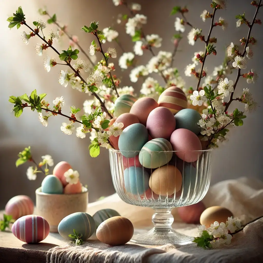 Velykos 2025 – stiklinis indas su sluoksniuota pastelinių ir natūraliai margintų kiaušinių kompozicija šalia beržų šakelių.