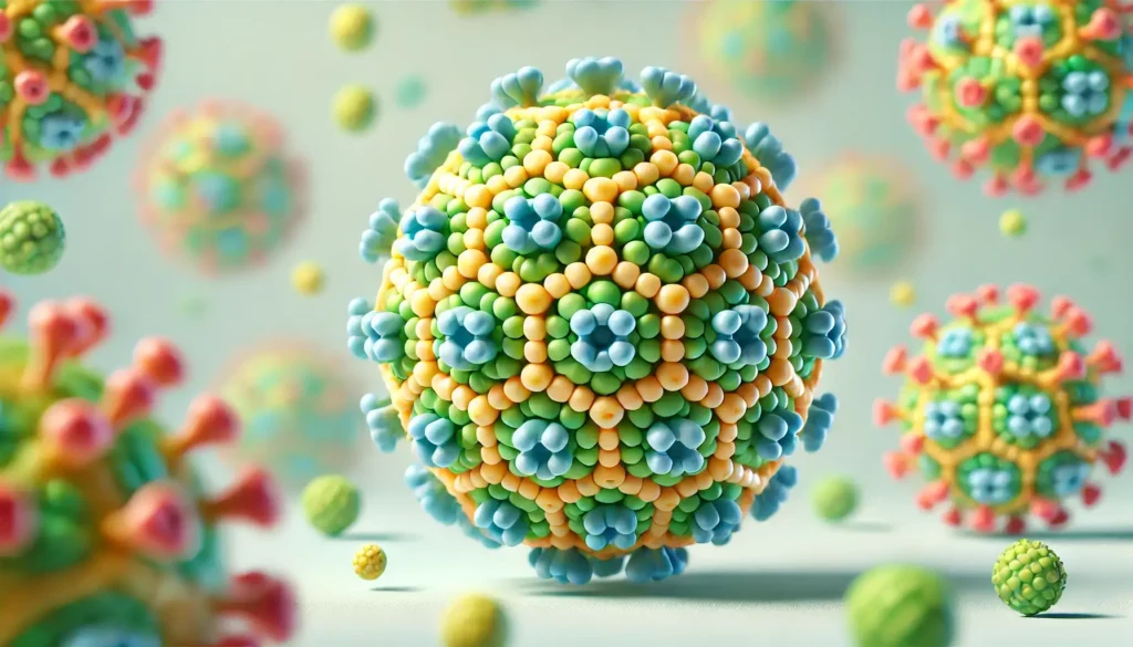 Adeno virusas vaikams: spalvingas ir supaprastintas viruso vaizdas mokomuoju stiliumi.