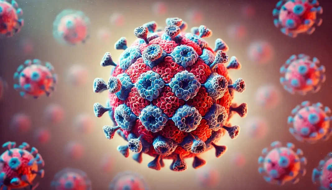 Adeno virusas: mikroskopinis vaizdas su šešiakampėmis struktūromis ir baltyminiais smaigais.