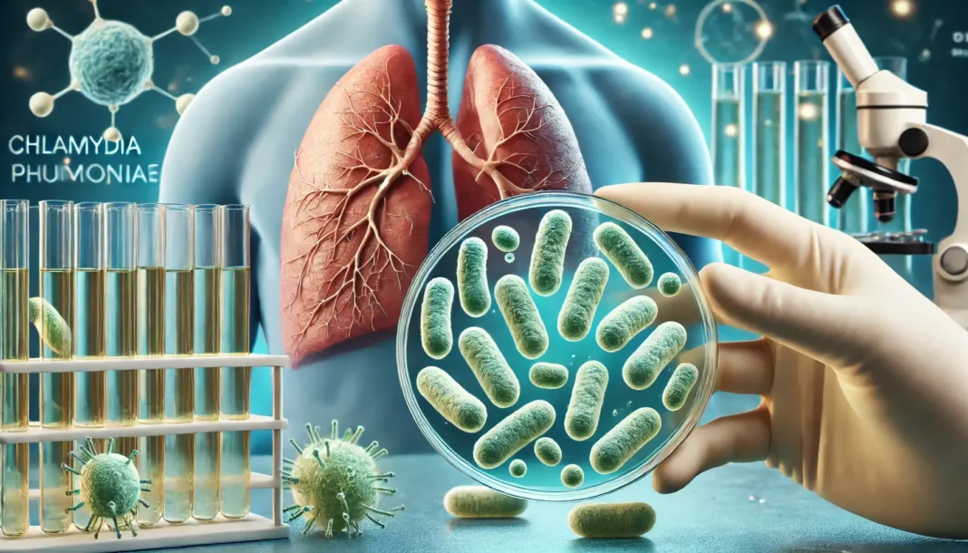 Chlamydia pneumoniae bakterija mikroskopiniu mastu su uždegimą vaizduojančiais žmogaus plaučiais.